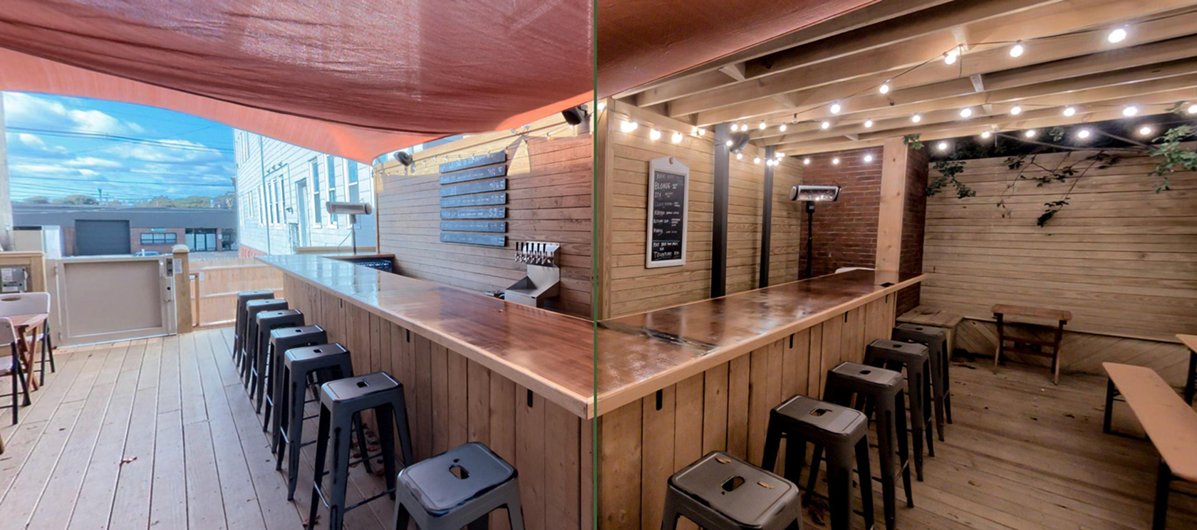 Wooden outdoor bar with stools under a canopy on left and string lights on the right side at night.