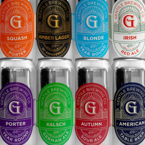Eight cans of Gentile Brewing Co. beer with eight colorful labels showing different beer types and styles.