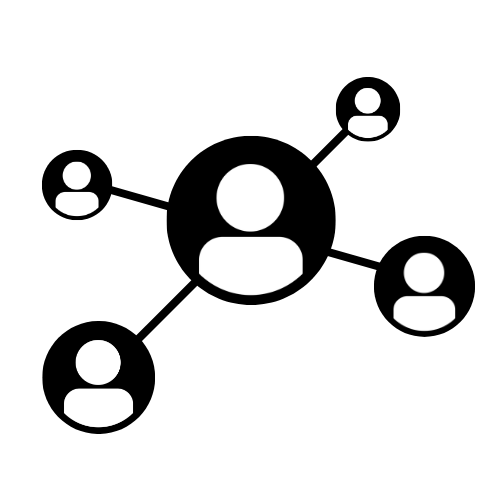 Network of five white user icons connected by lines on a black background.