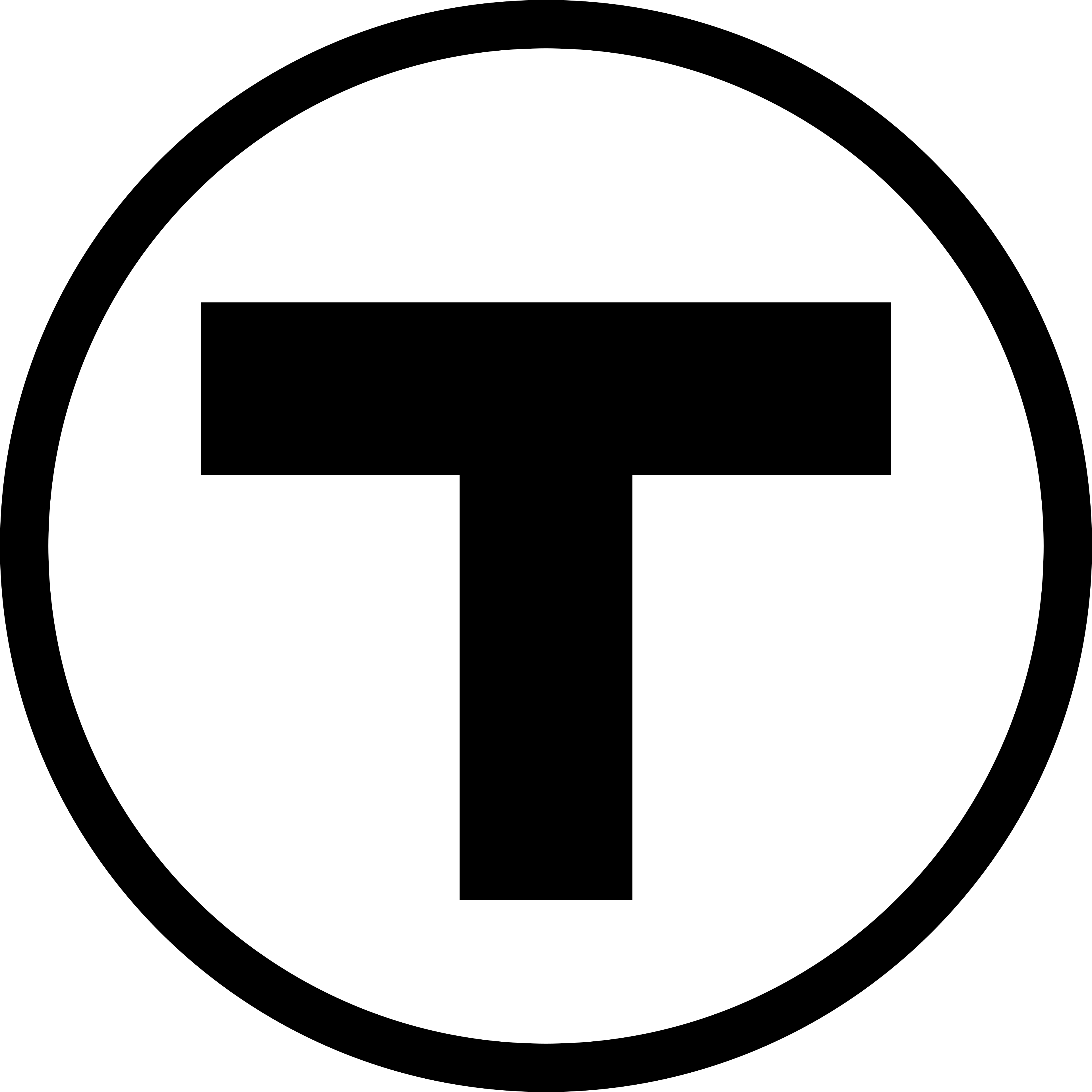 White circle with a bold black capital letter T inside. MBTA Logo