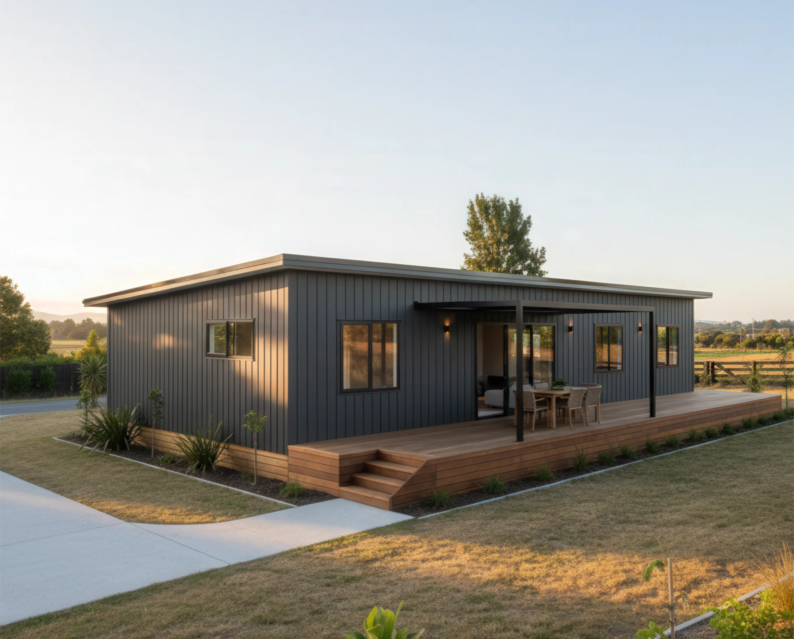 Modern single-story dark gray house with a wooden deck and outdoor dining set in a rural setting.