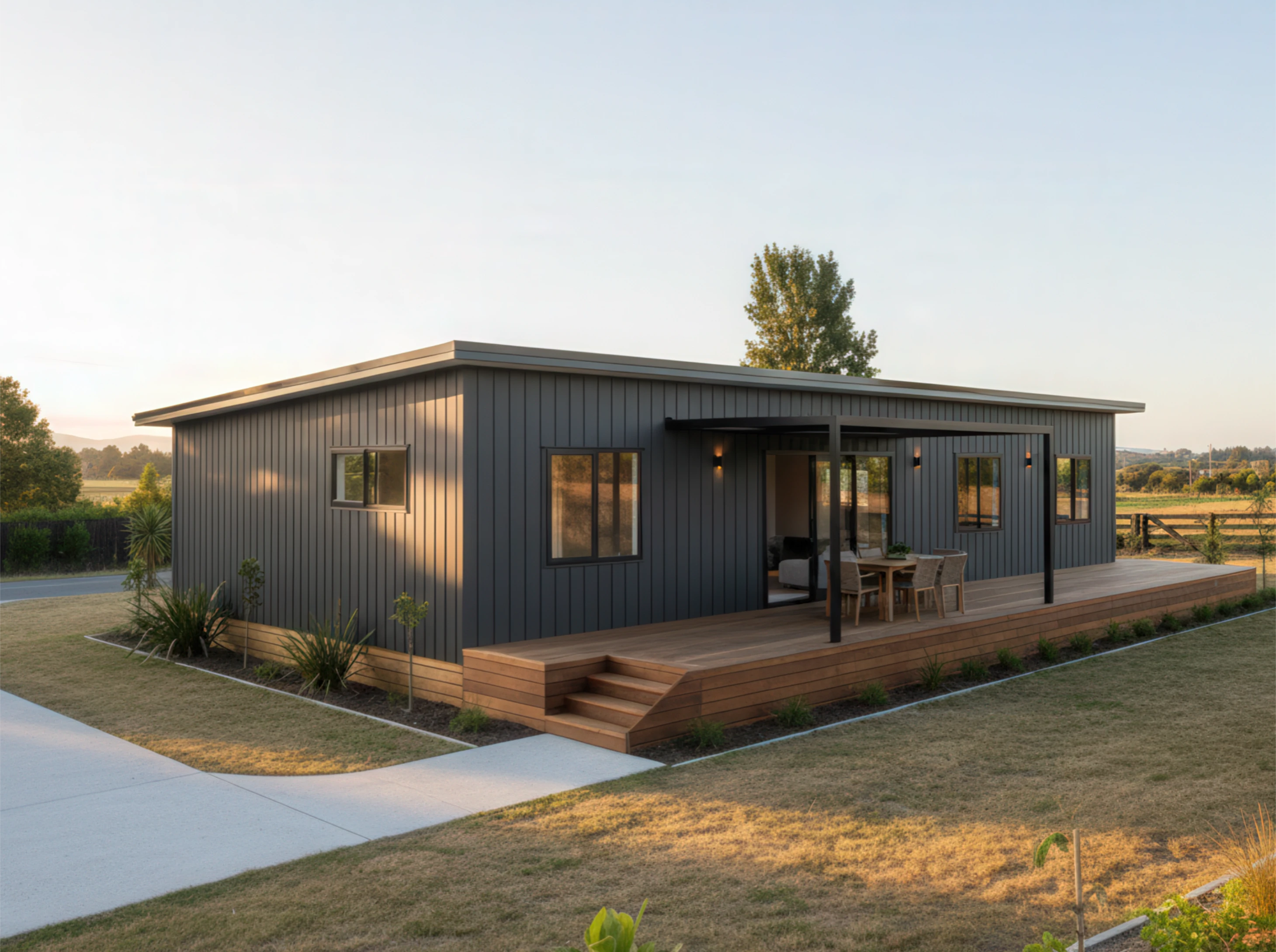Modern single-story gray house with wooden patio and outdoor dining set, surrounded by grass and trees.
