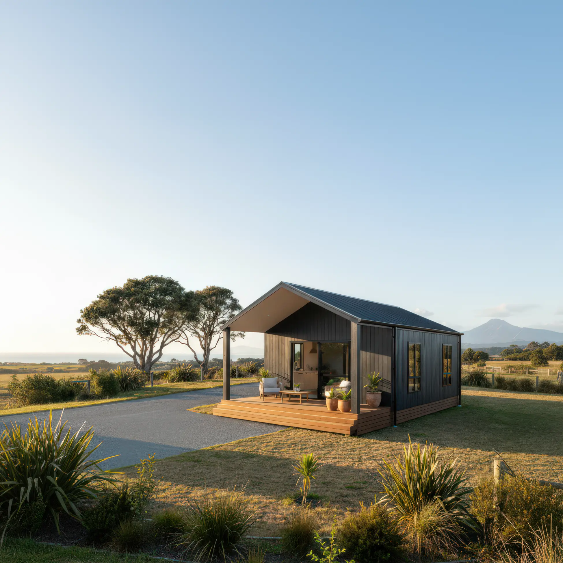 Modern small cabin with a covered wooden porch and outdoor seating in a grassy rural landscape with trees and mountains in the background.