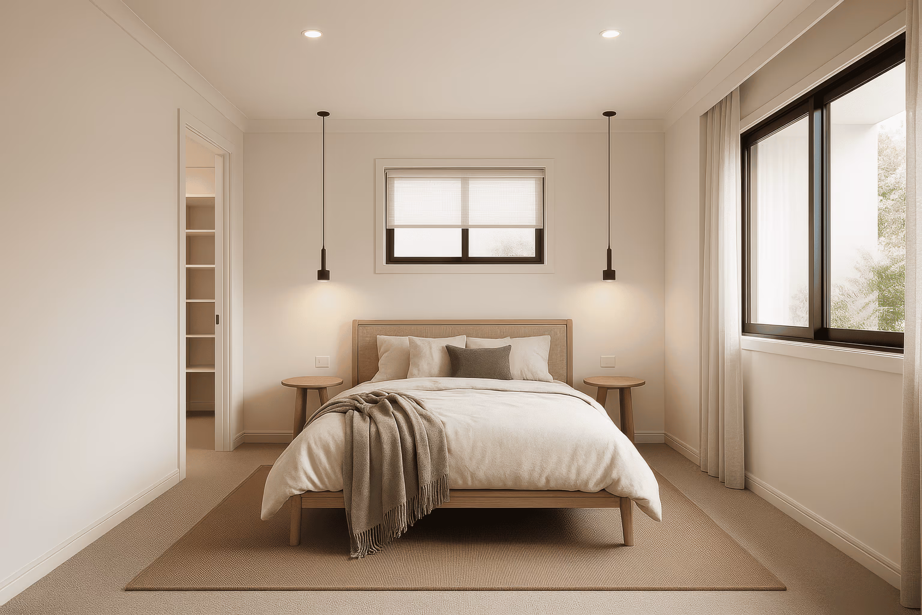 Minimalist bedroom with a wooden bed, beige bedding, two pendant lights, and a large window with curtains.