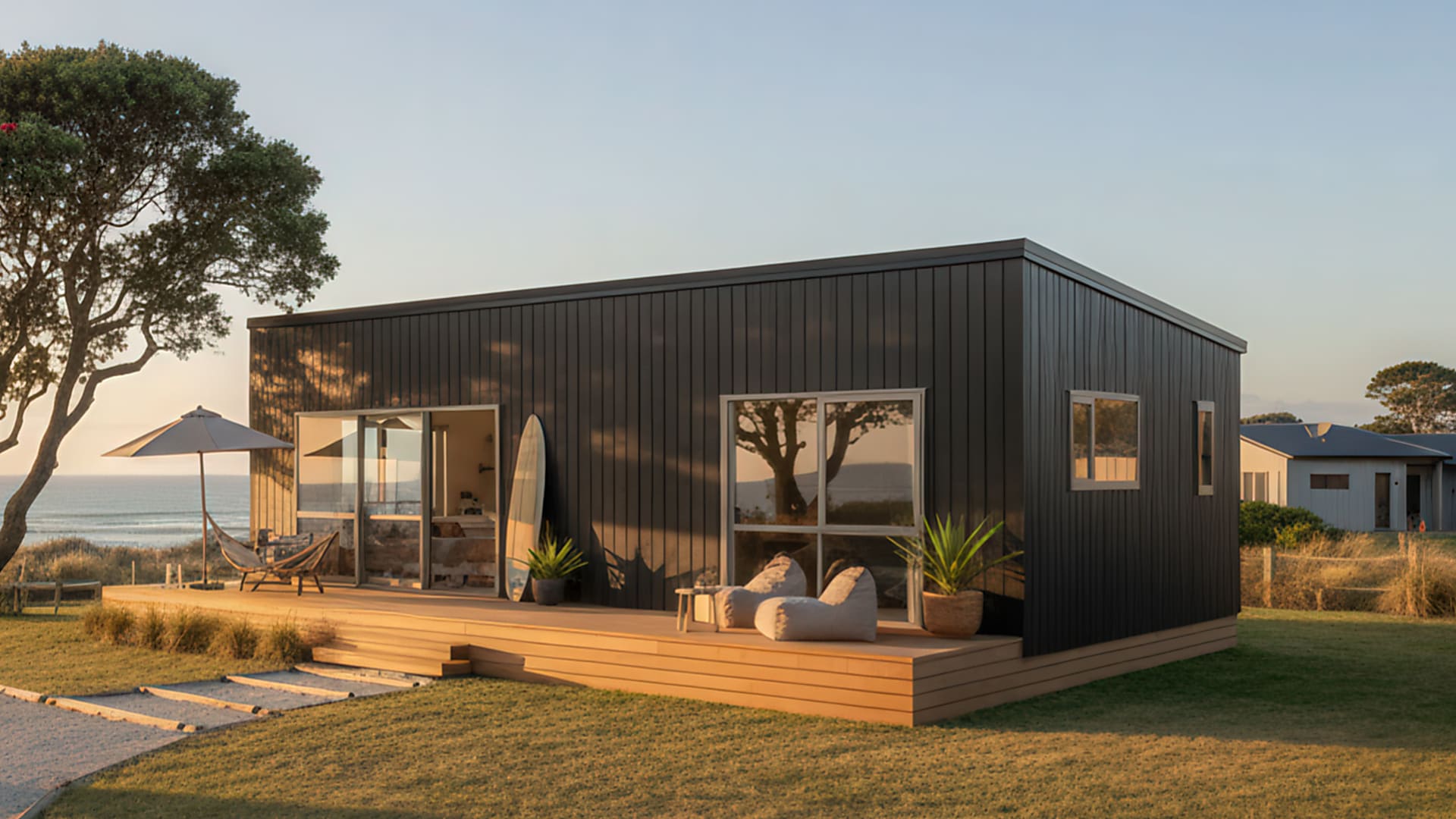 Modern black tiny house with wooden deck, outdoor seating, umbrella, and surfboard near a beach at sunset.
