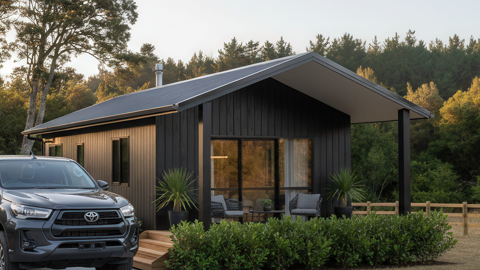 Modern black wooden house with a slanted roof and outdoor seating area, surrounded by greenery and a parked gray Toyota pickup truck.