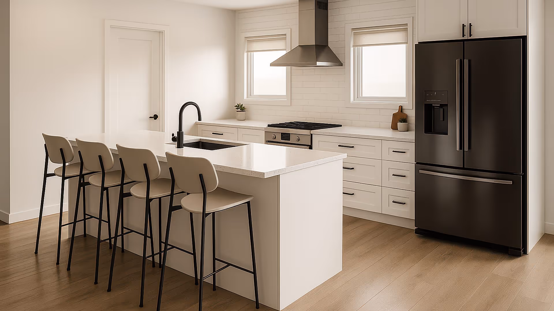 Modern kitchen with white island, four beige bar stools with black legs, black faucet, stainless steel stove and range hood, and black refrigerator.