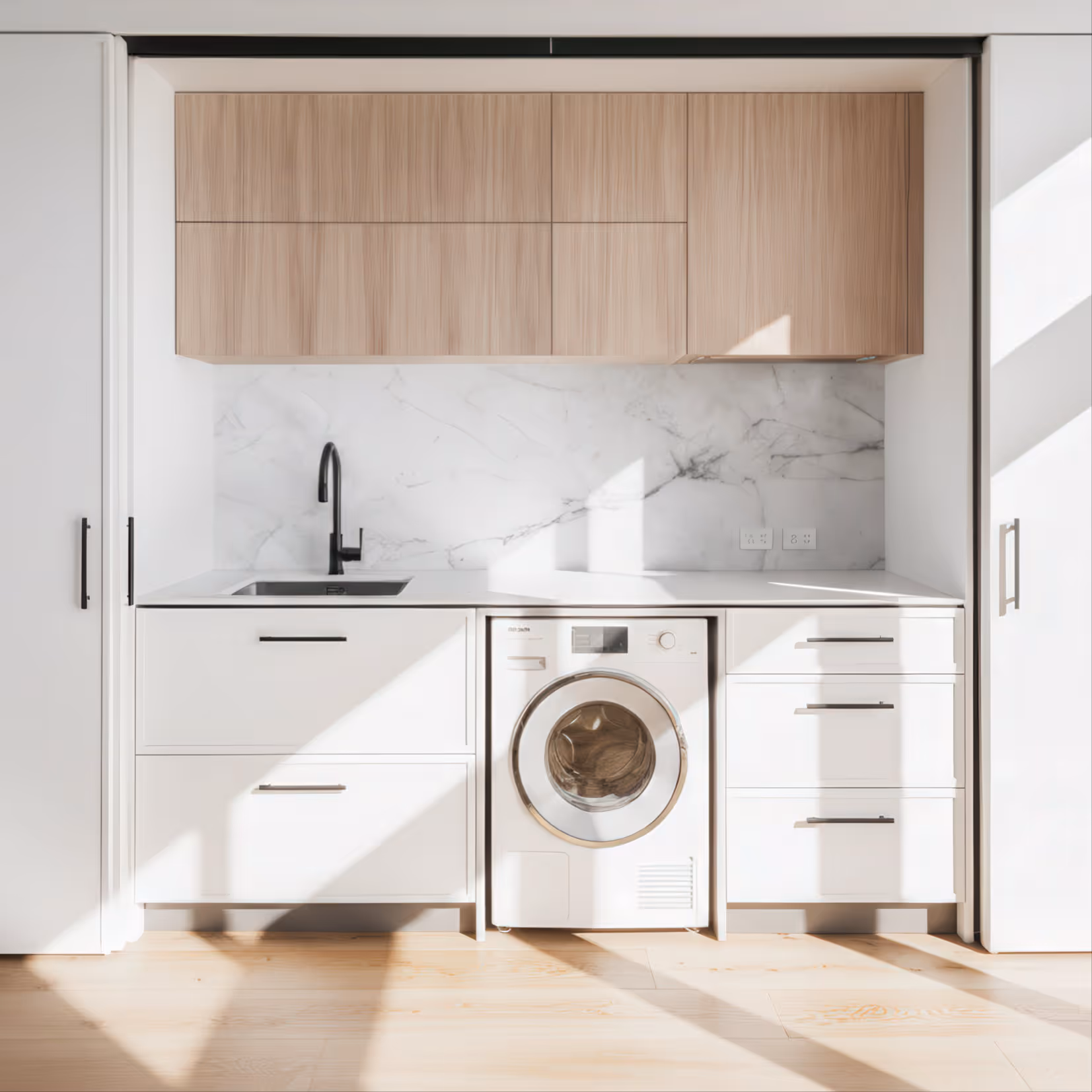 Minimalist laundry room with white cabinetry, a front-loading washing machine, black faucet, wooden upper cabinets, and marble backsplash.