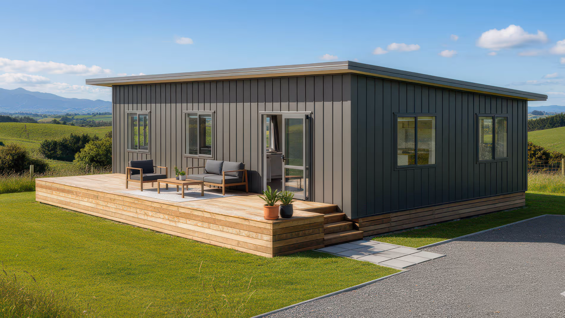 Modern single-story gray house with vertical siding, wooden deck with outdoor seating and potted plants, set in a green rural landscape.