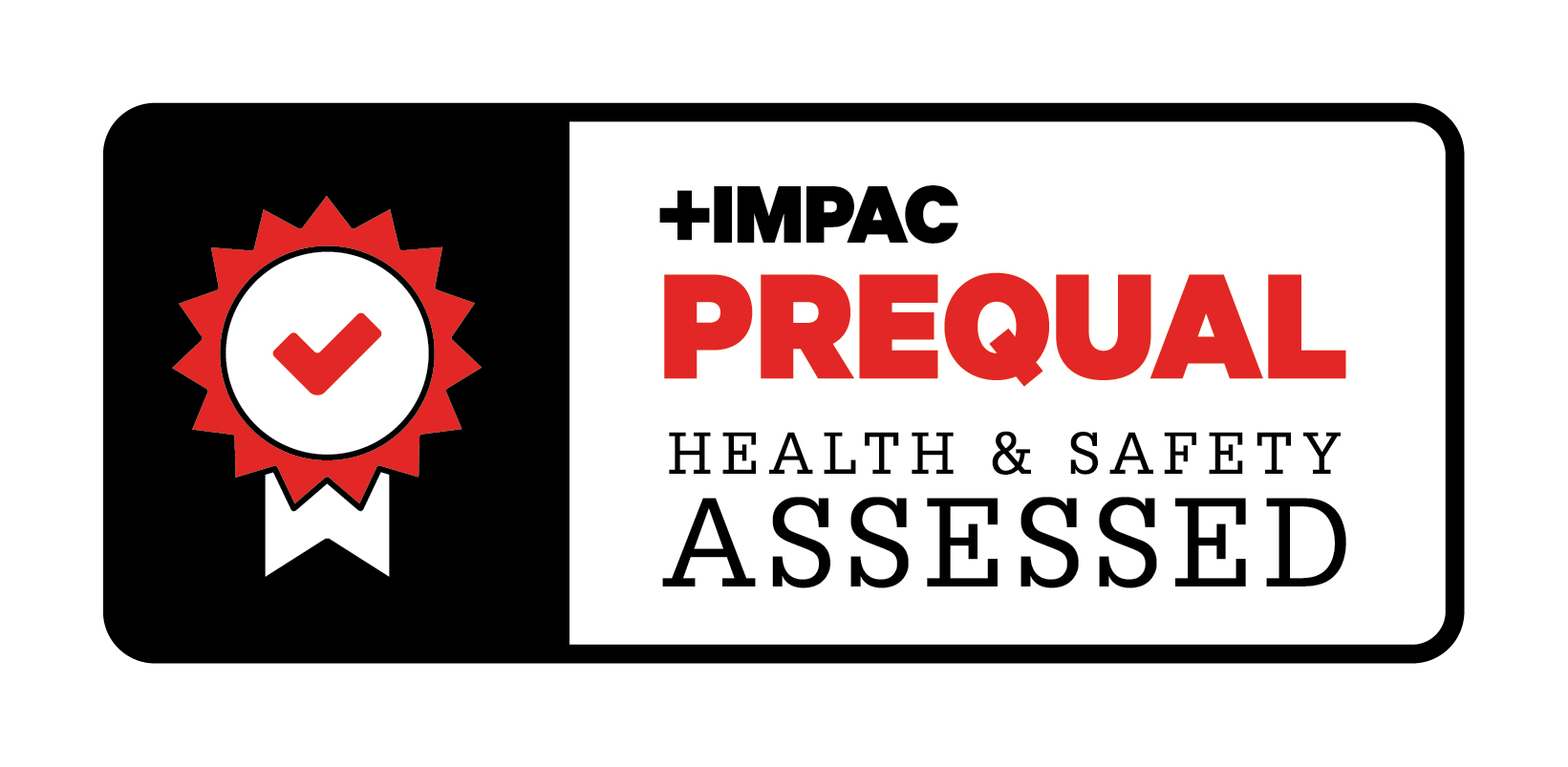 Badge with a red checkmark and text reading +IMPAC PREQUAL Health & Safety Assessed.