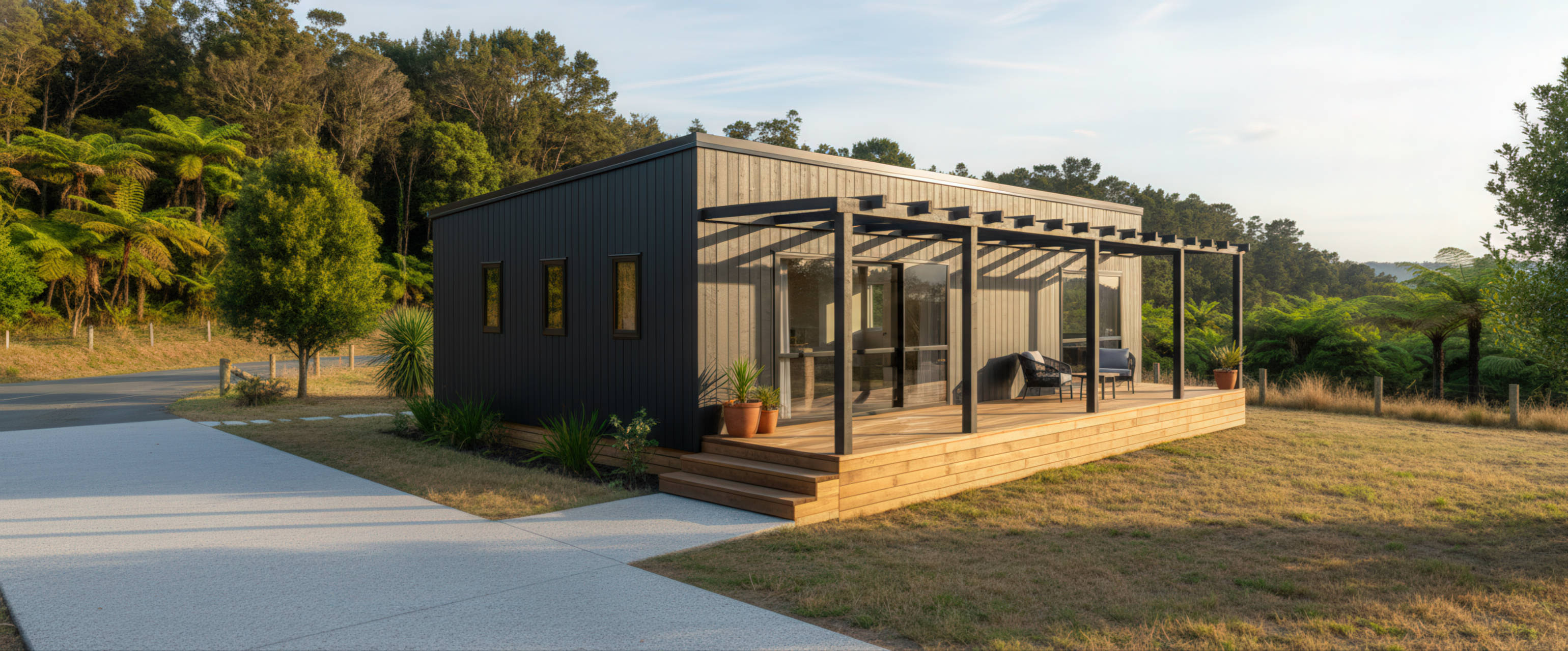 Modern single-story house with wood and dark panel exterior, a wooden deck with pergola, and outdoor seating, surrounded by grassy yard and trees.
