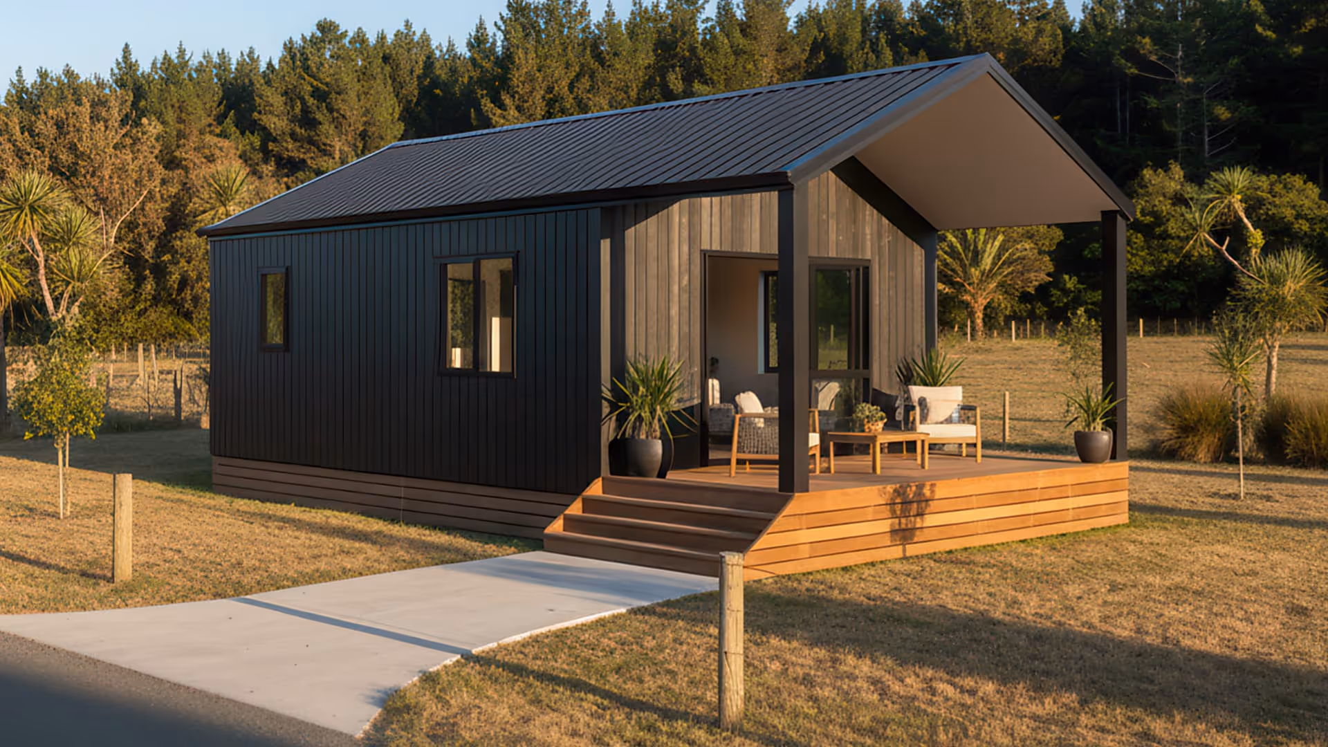 Small modern black cabin with a covered wooden porch featuring outdoor chairs and plants, set in a grassy area with trees in the background.
