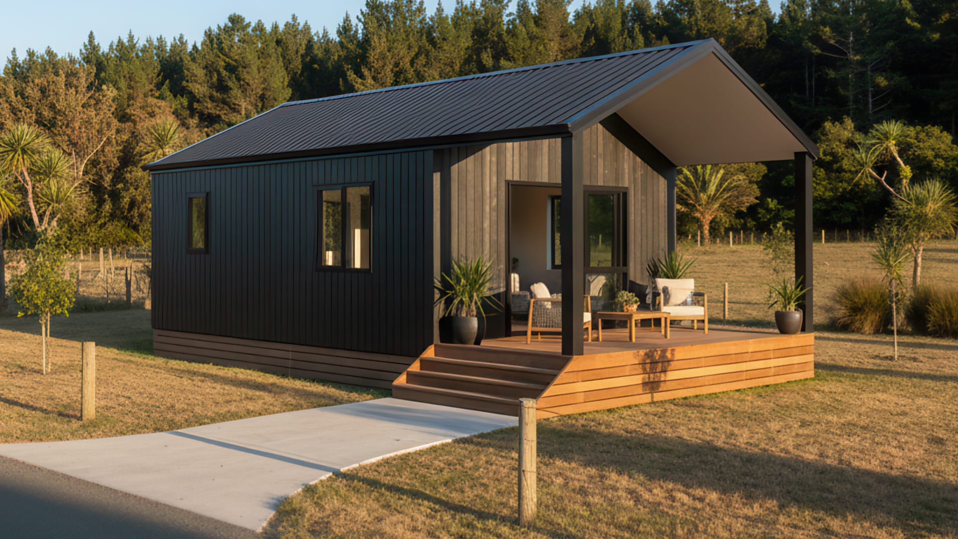 Small modern black cabin with a covered wooden porch featuring outdoor chairs and plants, set in a grassy area with trees in the background.