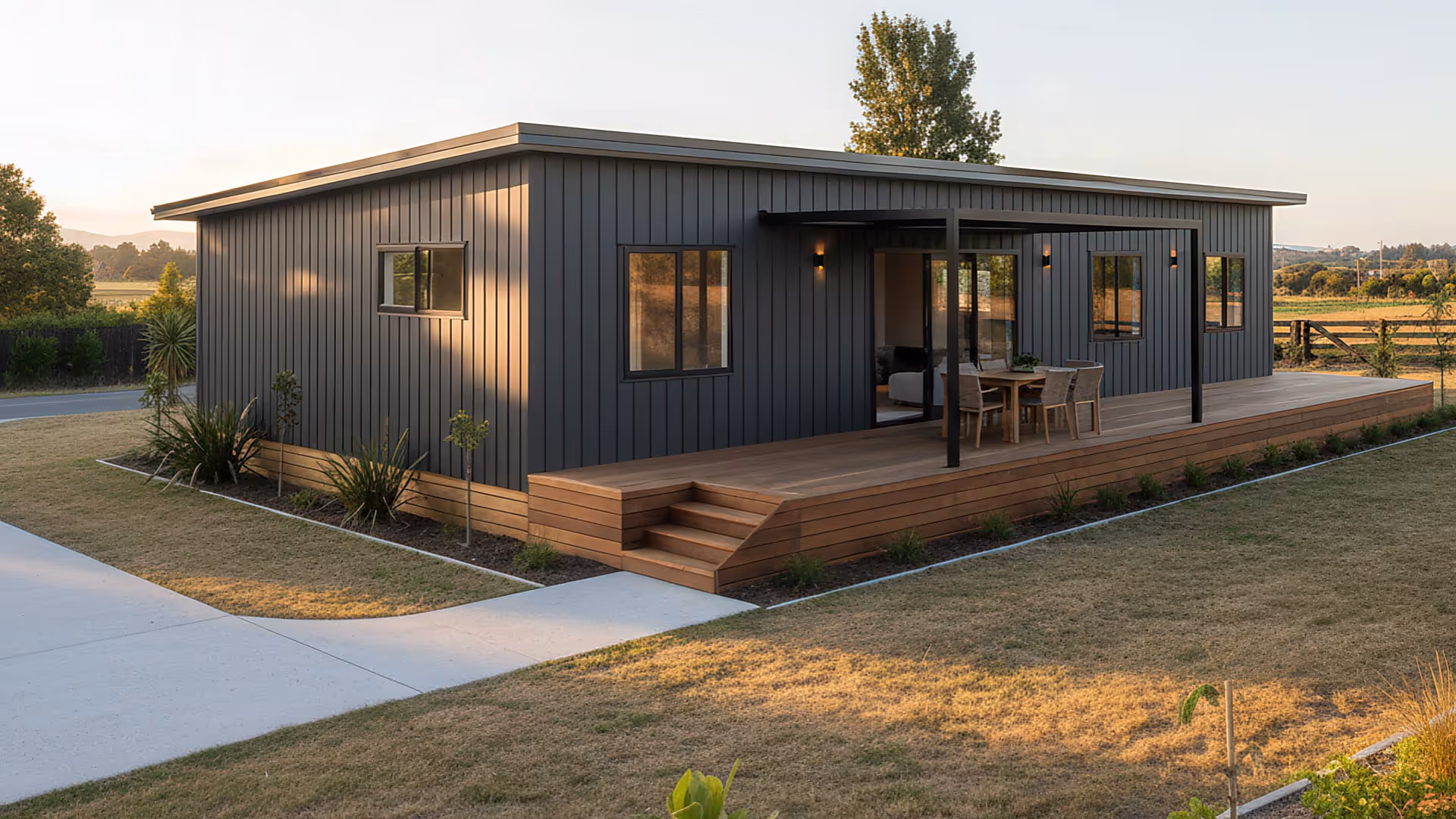 Modern single-story dark gray house with vertical siding and wooden deck with outdoor dining set under a black pergola.