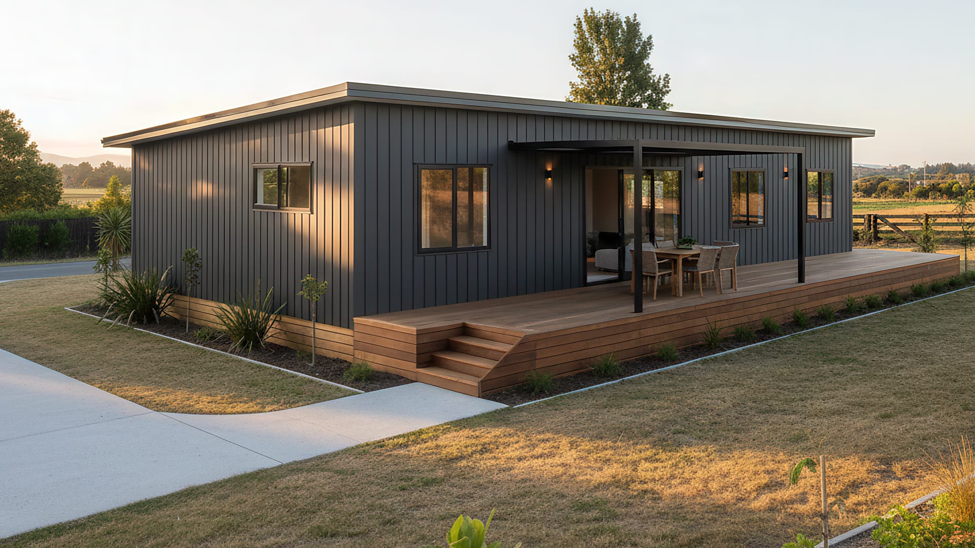 Modern single-story dark gray house with vertical siding and wooden deck with outdoor dining set under a black pergola.