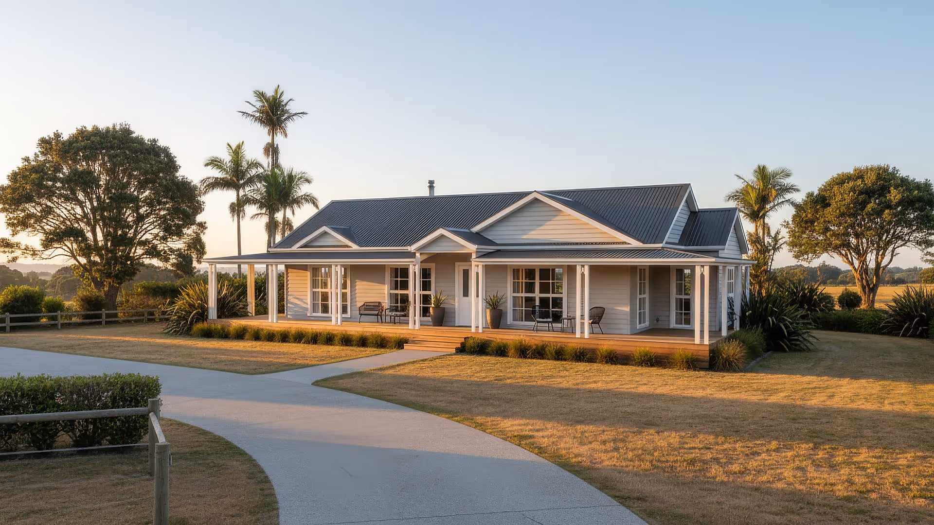 Single-story modern farmhouse with a wraparound porch, surrounded by palm trees and a spacious lawn at sunset.