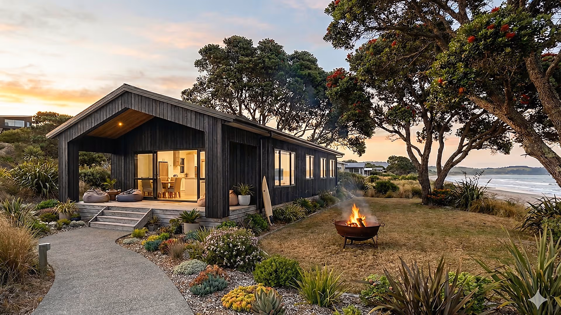 Modern black wooden beach house with lit fire pit on lawn, surrounded by trees and facing the ocean at sunset.