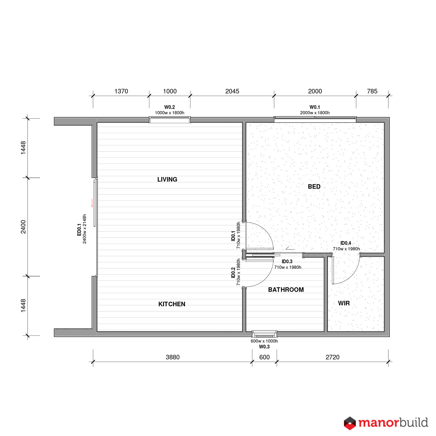 1 bedroom stock unit floor plan with room dimensions