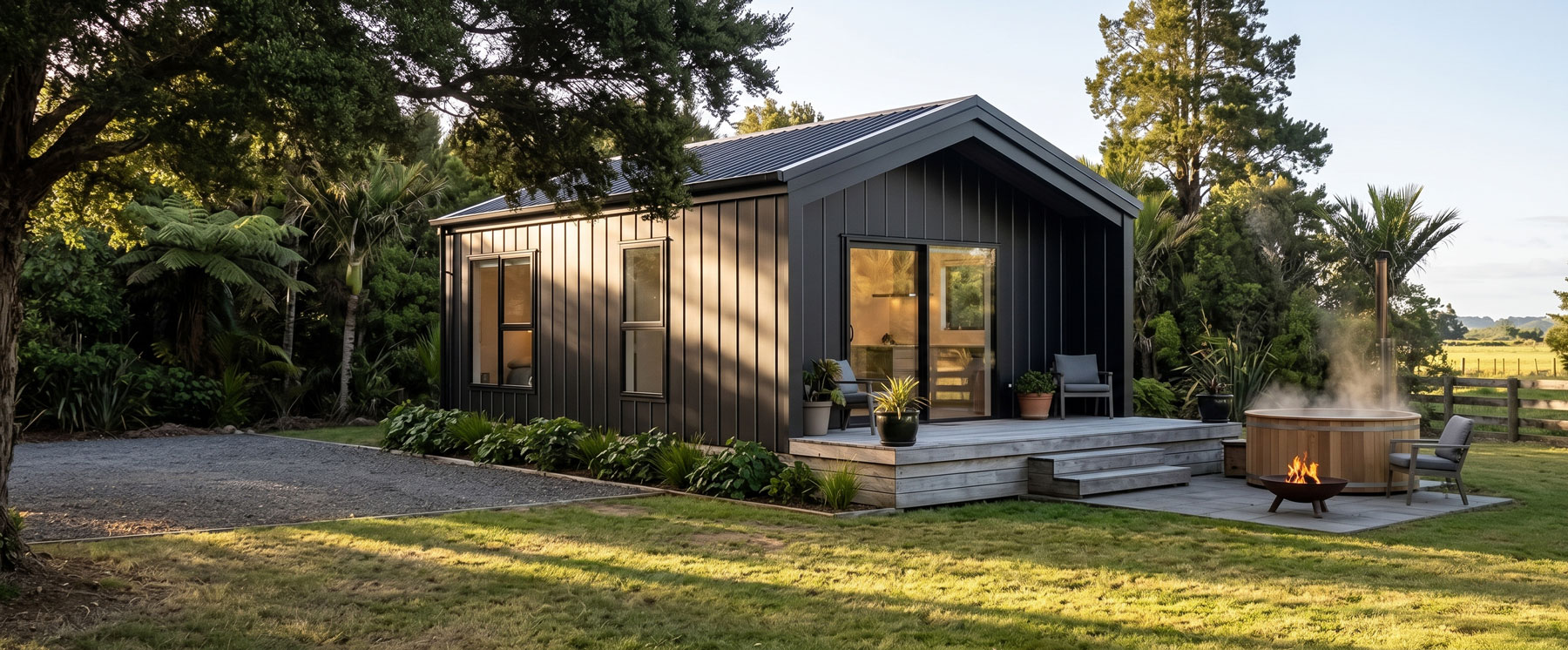 1 bedroom Manor Build stock unit with dark vertical cladding, gable roof and deck