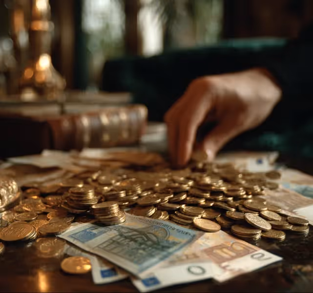 Hand reaching toward a pile of gold coins and scattered banknotes on a table.
