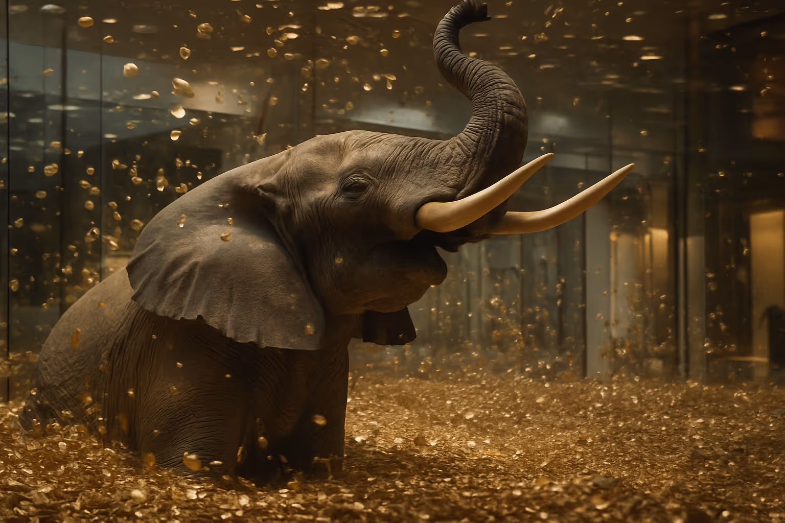 Elephant sitting amidst falling gold coins inside a glass enclosure.