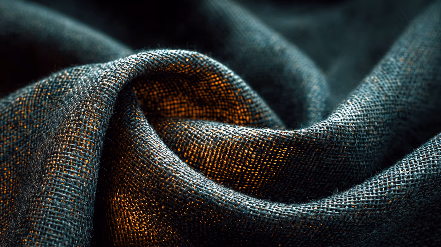 Close-up of dark textured fabric with orange light shining through the weave.