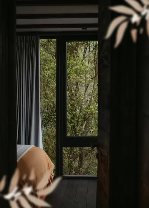 View through a dark doorway of a room with a bed covered in brown and white bedding and a large window showing green trees outside.