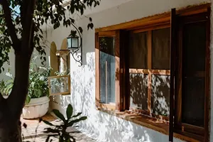 Sunlit open wooden window on a white wall with plants and shadows around.