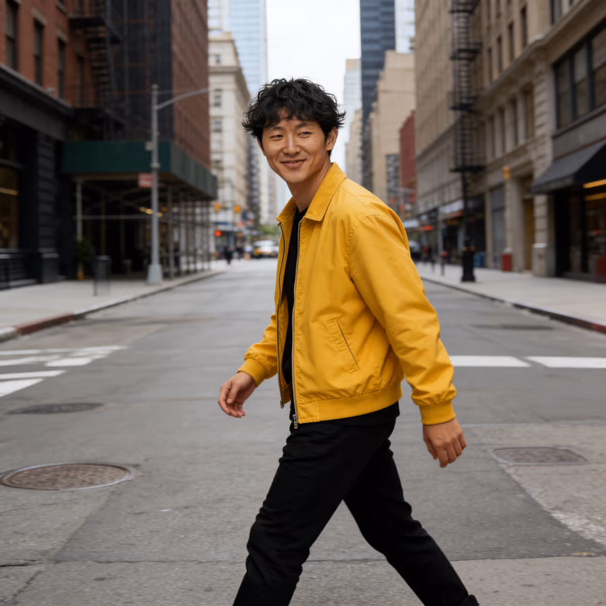 A smiling Asian man in a gray jacket and black shirt points directly towards a contact form on a dark background.