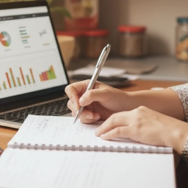 Person writing with a pen in a notebook beside a laptop displaying colorful charts and graphs.