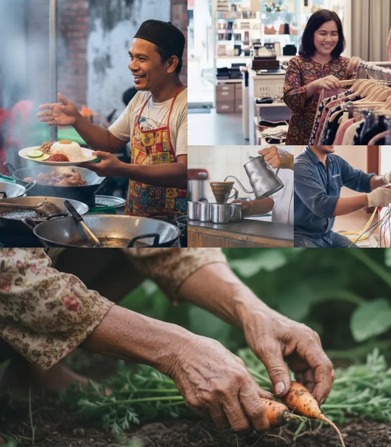 Collage of small business activities including a man cooking street food, a woman browsing clothes in a store, a man smiling outdoors, a woman applying nail polish, and hands harvesting carrots from soil.