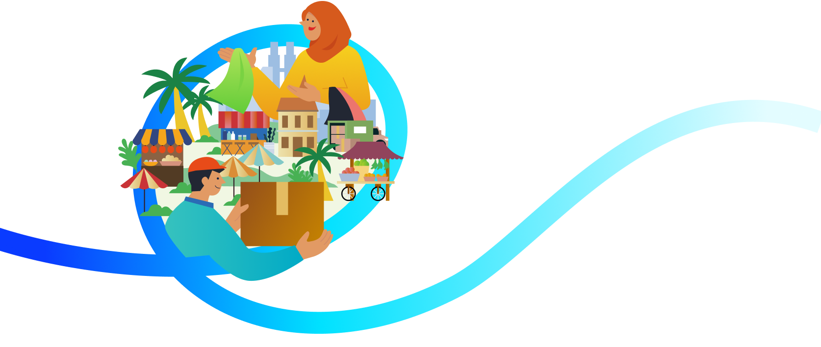 Illustration of a smiling woman in a hijab holding a green bag above a colorful small market and cityscape, encircled by a gradient blue swirl.