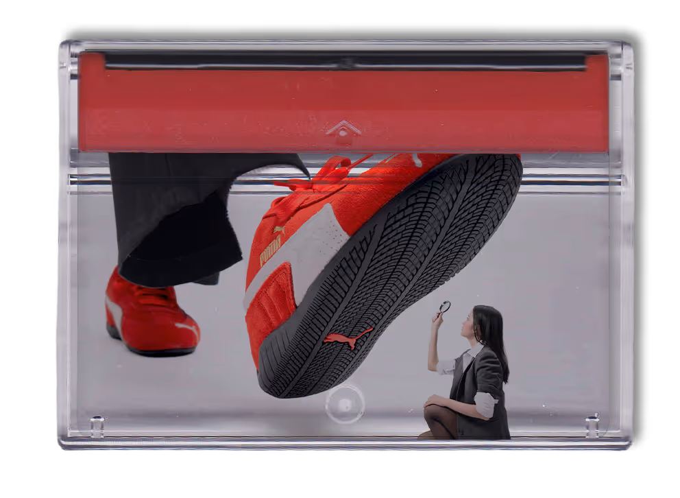 Retro clear cassette tape with red top containing image of a person in red Puma sneakers inside a transparent plastic case with a small woman sitting and  holding a magnifying glass.