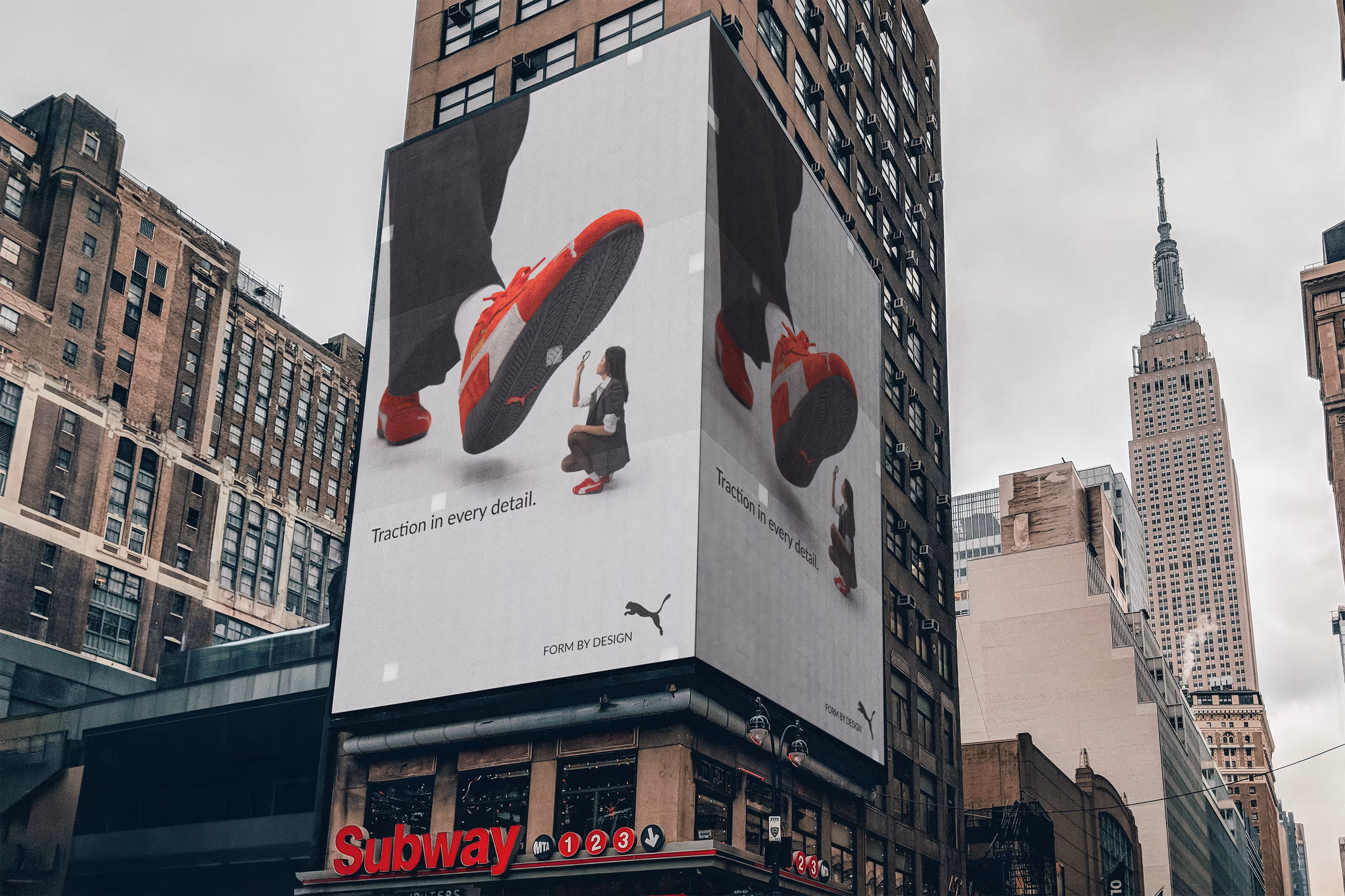 Leg mid-walk and tiny person inspecting the sole