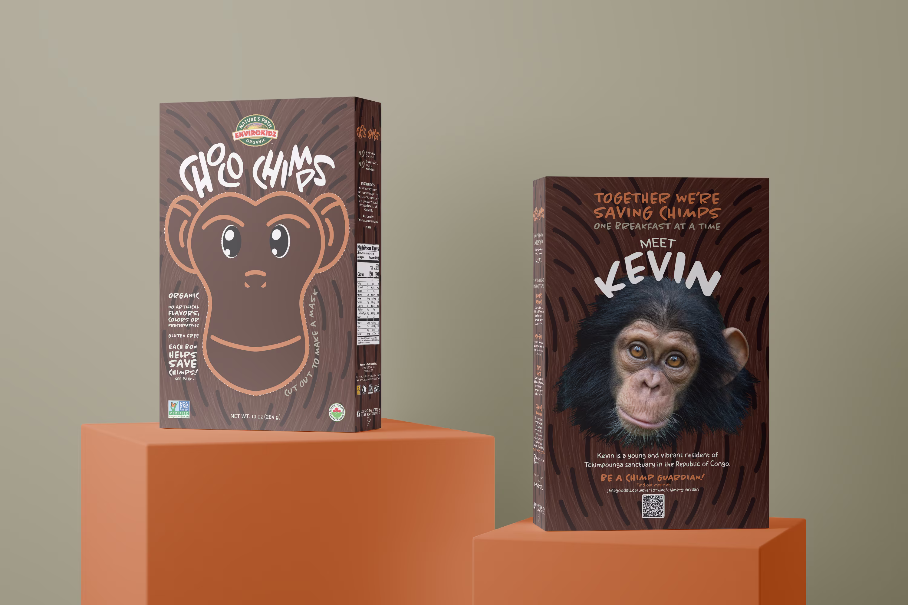 The front and back of Choco Chimp's cereal redesigned packaging