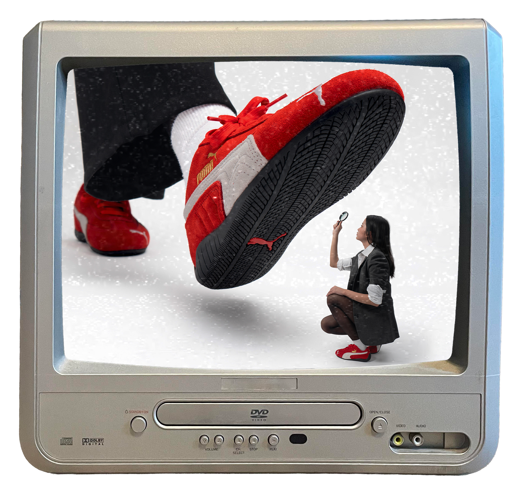 Retro TV screen showing a giant red sneaker stepping down while a small woman in matching red shoes crouches and inspects it with a magnifying glass.