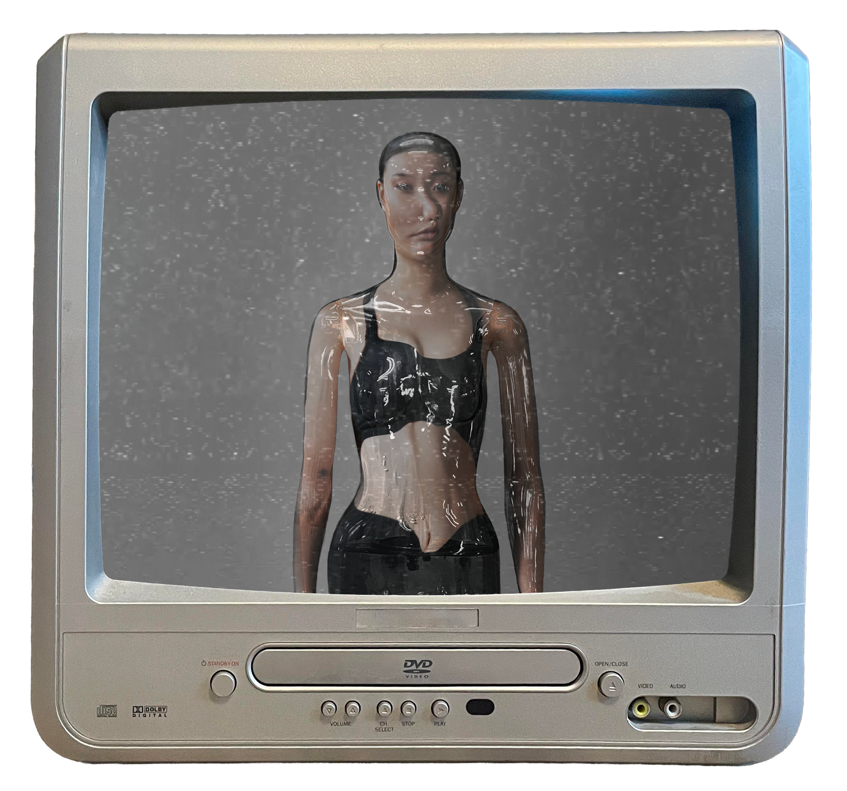 Old-style DVD player TV showing a woman in a black top distorted by static on the screen.