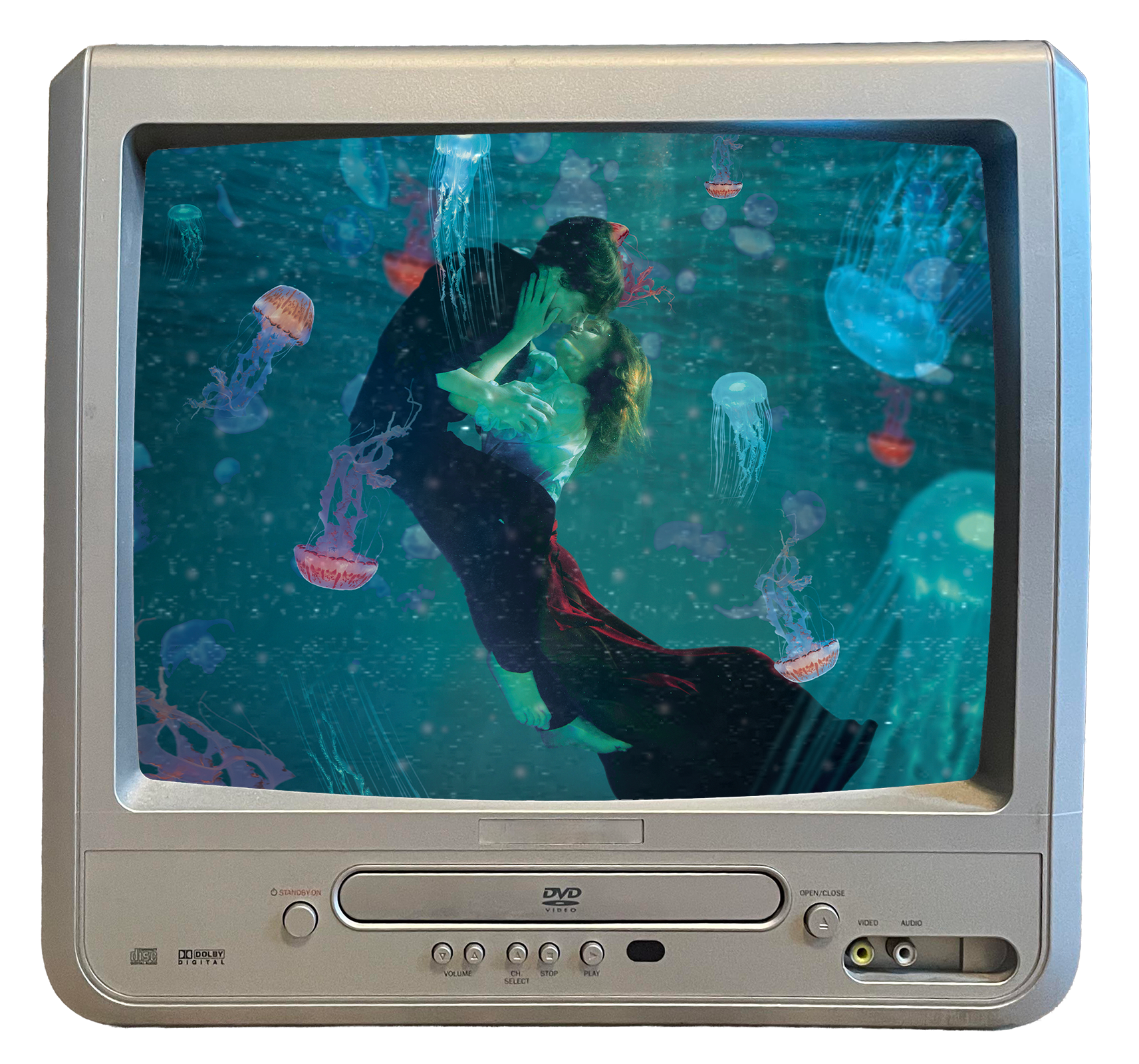 Retro TV screen showing a scene of a man and woman embracing underwater surrounded by glowing jellyfish.
