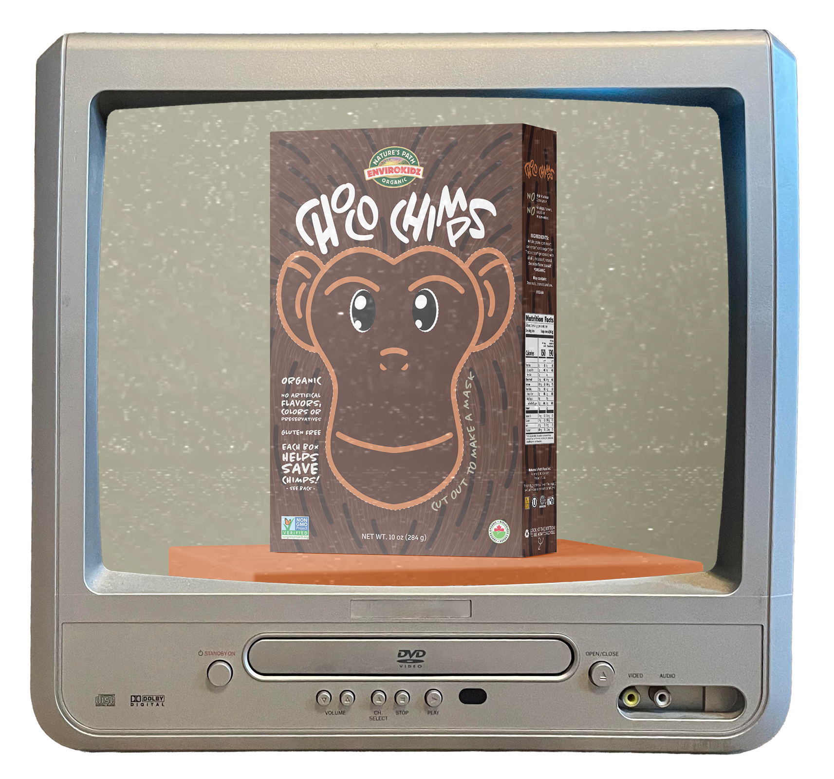 Retro TV screen with a box of Nature's Path EnviroKidz Choco Chimps cereal displayed on the screen.