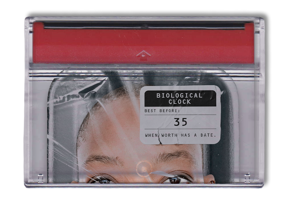 Retro clear cassette tape with red top containing image of a person's eyes and forehead partially covered by plastic wrap, featuring a label that reads 'Biological Clock Best Before: 35 When Worth Has a Date.'