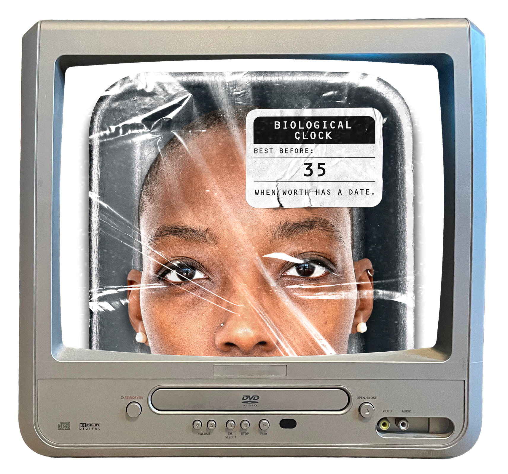 Retro TV screen with close-up of a person's face wrapped in plastic with a label reading 'Biological Clock, Best Before: 35, When Worth Has a Date.'