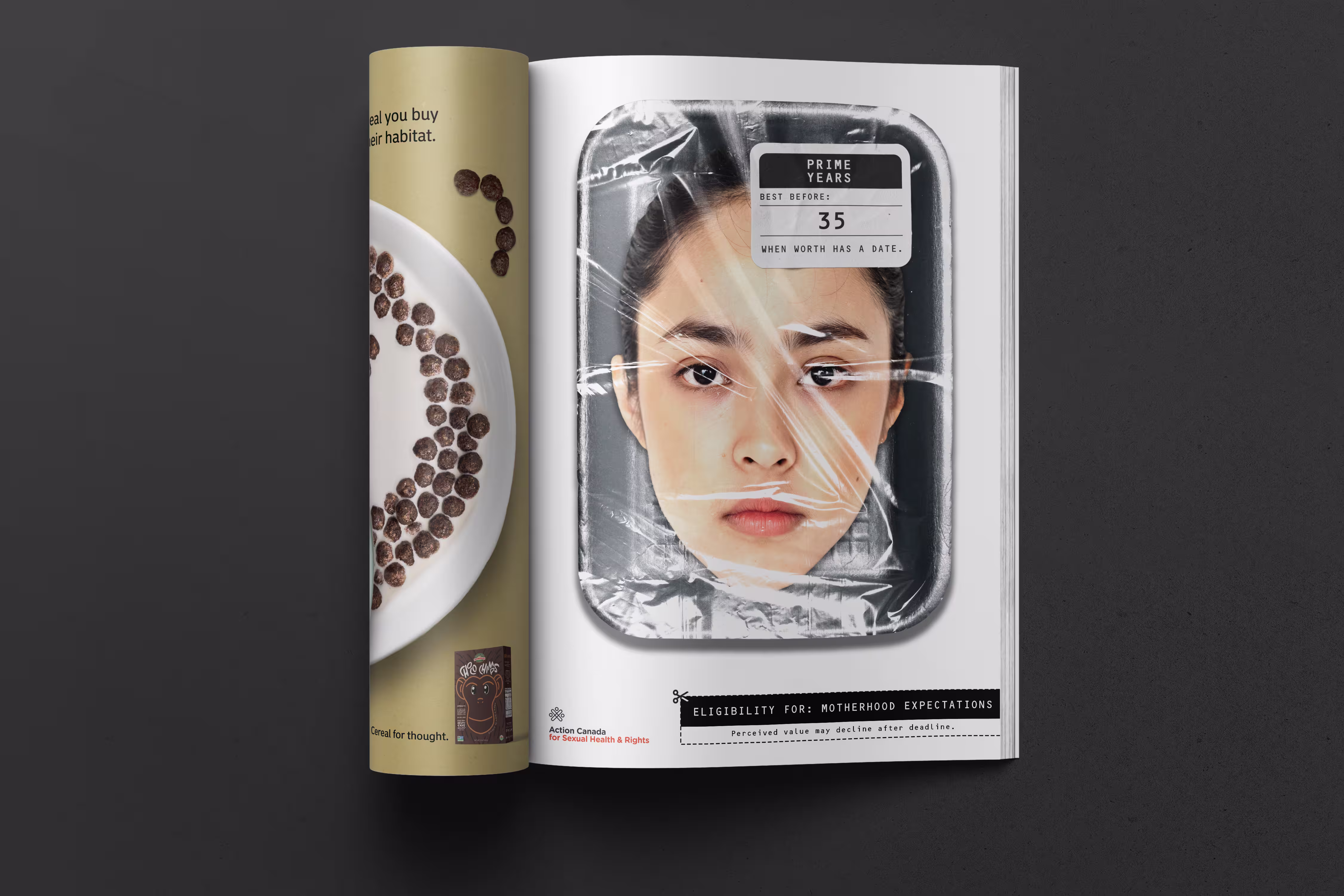 Magazine open to a page showing a woman's face wrapped in plastic on a food tray labeled 'Prime Years Best Before 35' with text about motherhood expectations.