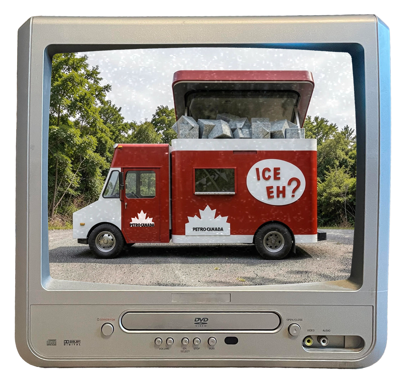 Retro TV screen with red and white Petro Canada truck called "ICE, EH?" with ice cubes visible through top hatch.