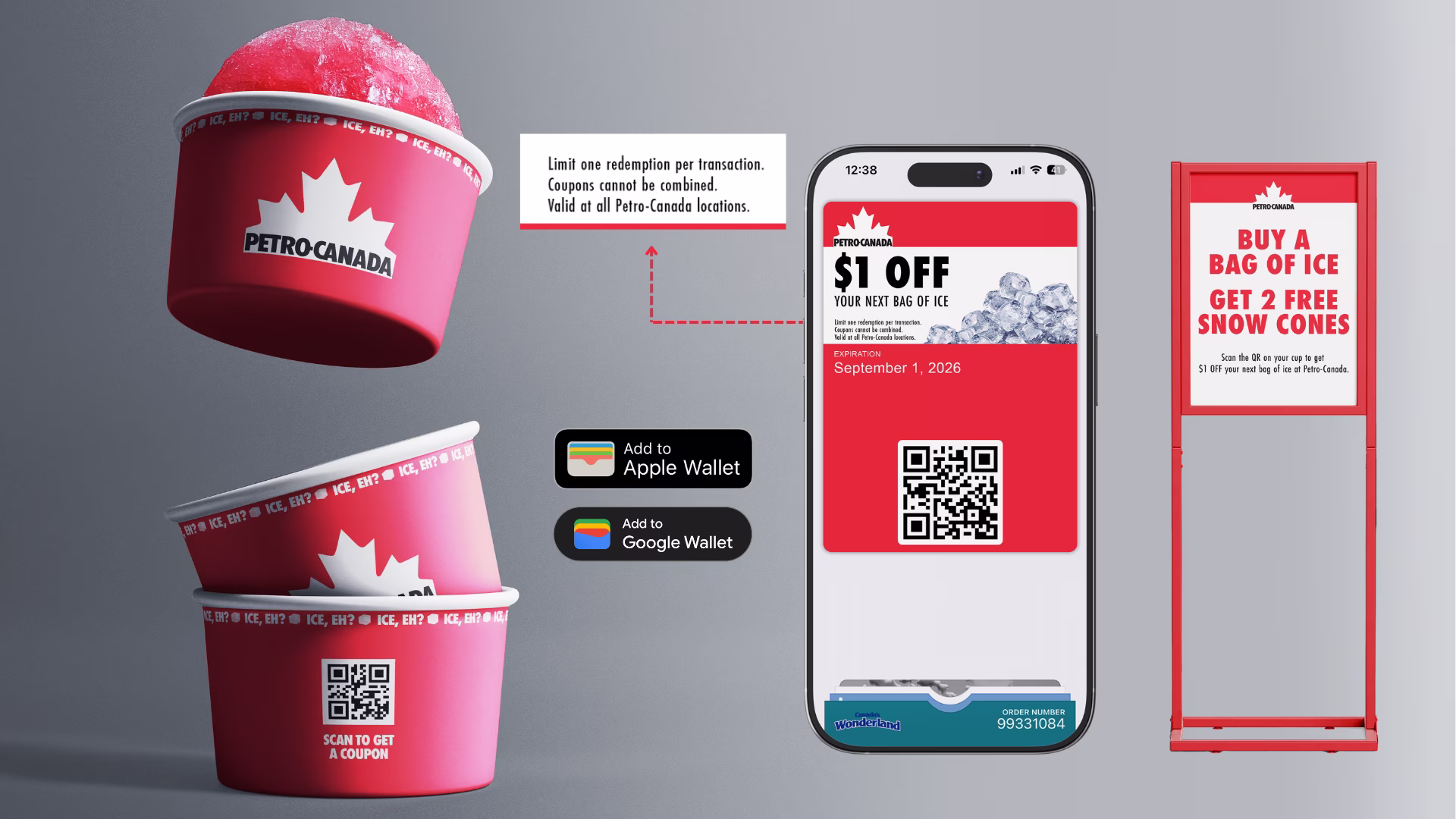 Petro-Canada red cups with QR code, a smartphone displaying a $1 off coupon for a bag of ice valid until September 1, 2026, and a sign offering 2 free snow cones with purchase of a bag of ice.