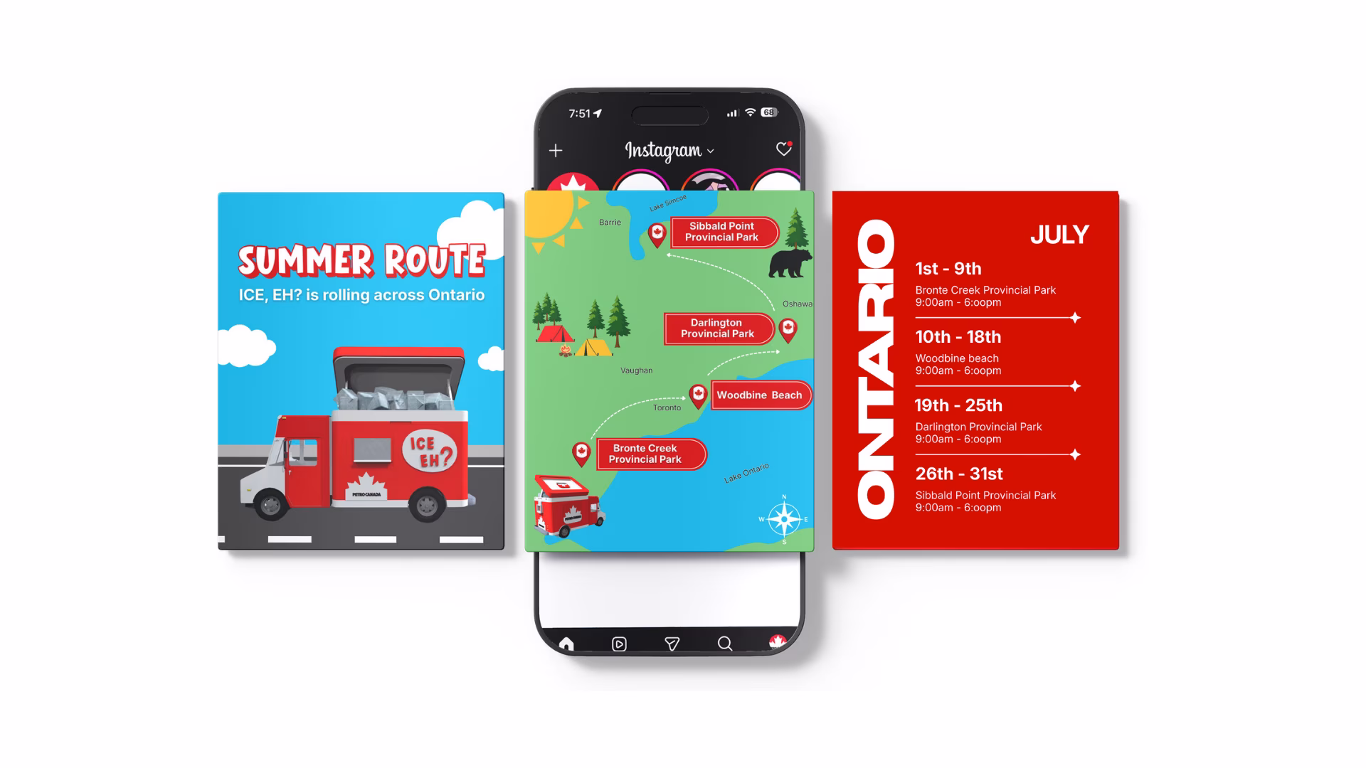 Instagram post showing Ice Eh? summer route across Ontario with stops at provincial parks and beach, and a schedule for July events.