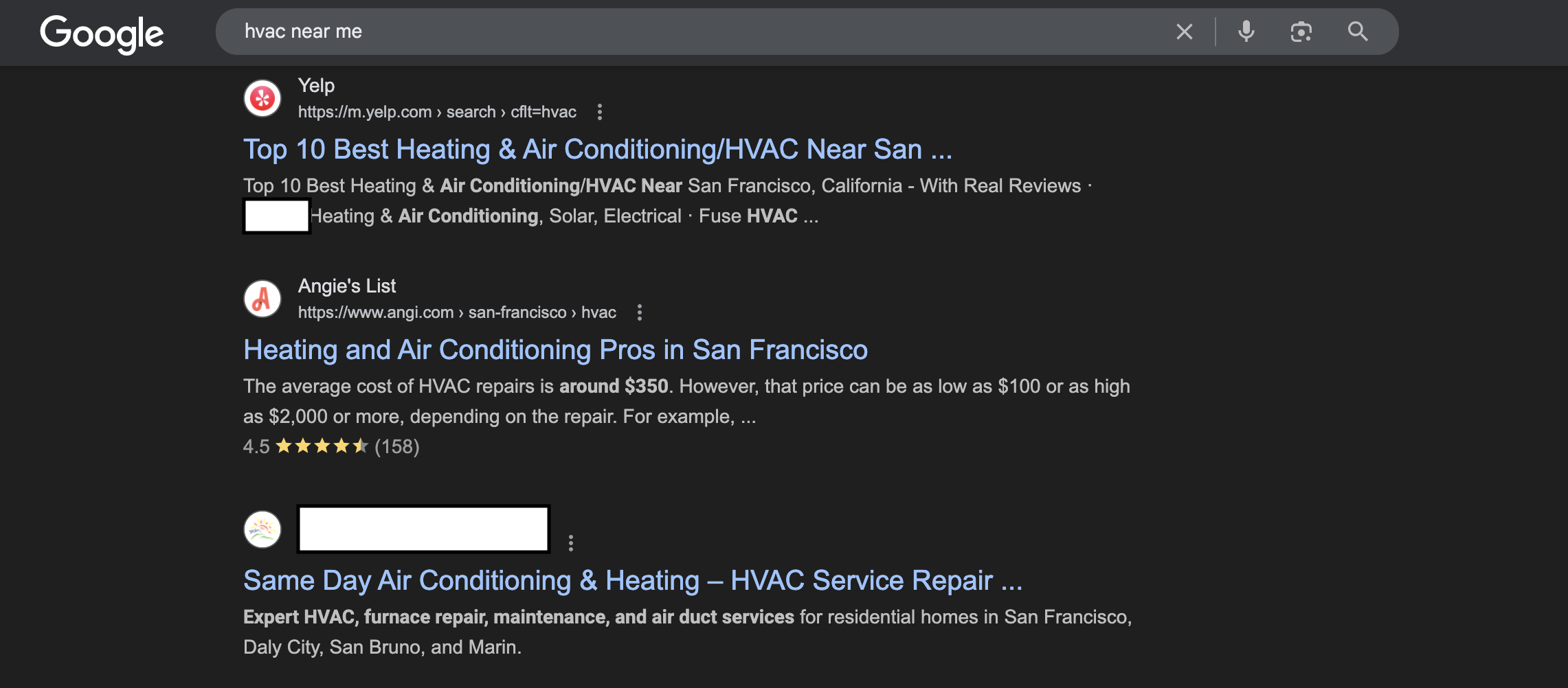 Google SERP screenshot showing organic HVAC listings for the query 'hvac near me,' including Yelp, Angi, and a local HVAC provider.