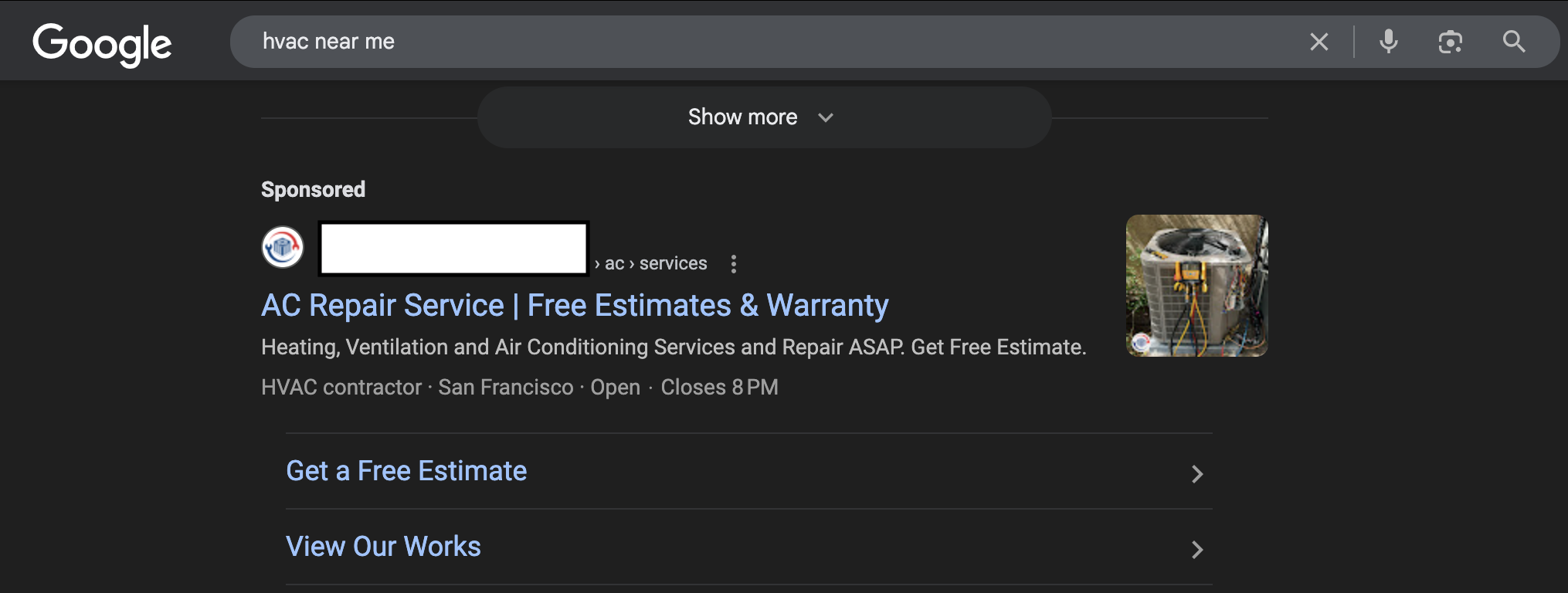 Google search results page for 'hvac near me' showing a sponsored AC repair service ad at the top.
