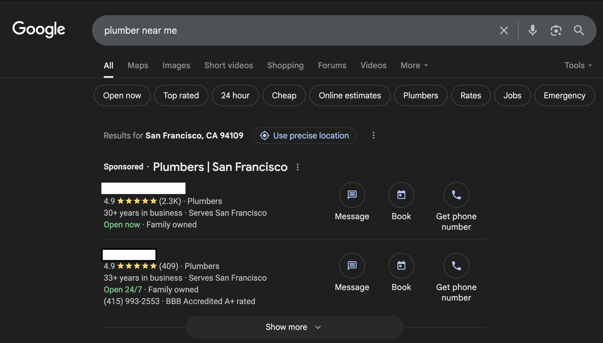 Google search results page for 'plumber near me' showing sponsored local plumber listings in San Francisco.