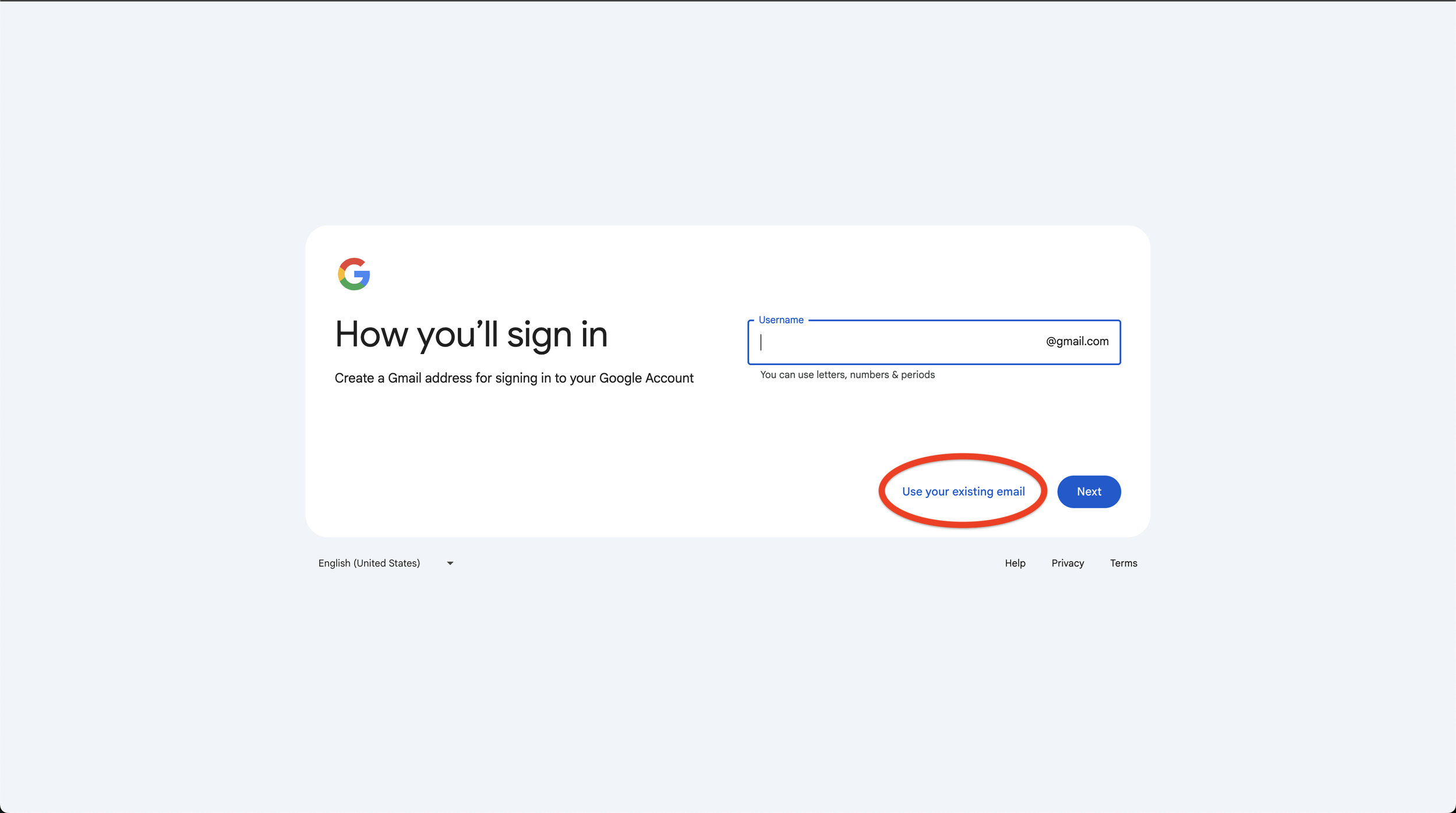 Google account setup page showing the username field for creating a Gmail address, with the 'Use your existing email' option circled.