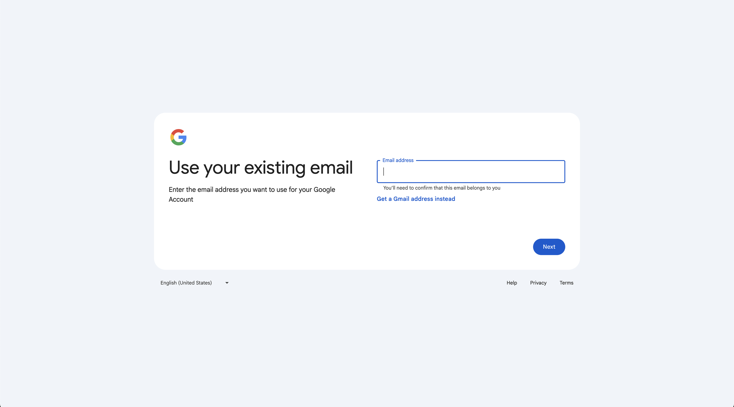Google account setup page with a field to enter an existing email address for account creation.